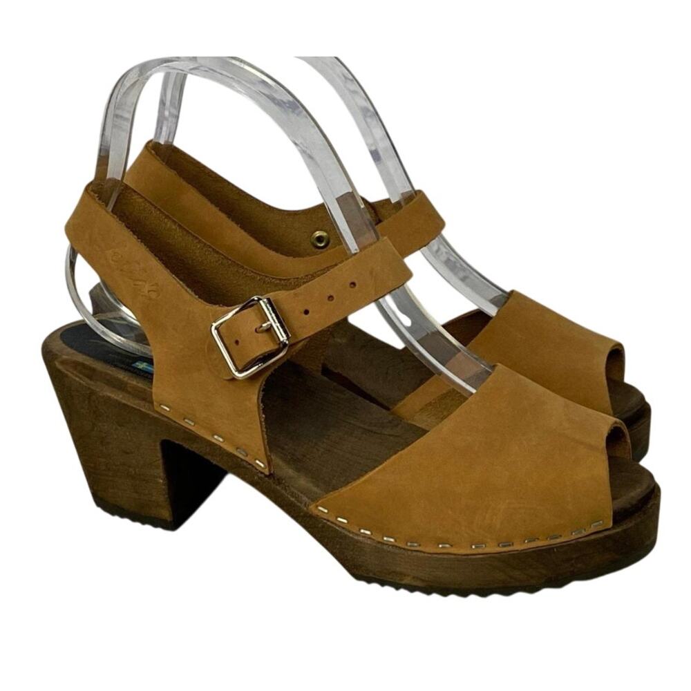 LOTTA Stockholm ALICIA Swedish Peep-Toe Wood Clogs | Womens 39 (8.5) Brown